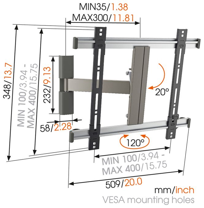 Wand Halterung 120° bis 139,7 cm (55") 18 kg 0 - 20° Thin 225 UltraThin 
