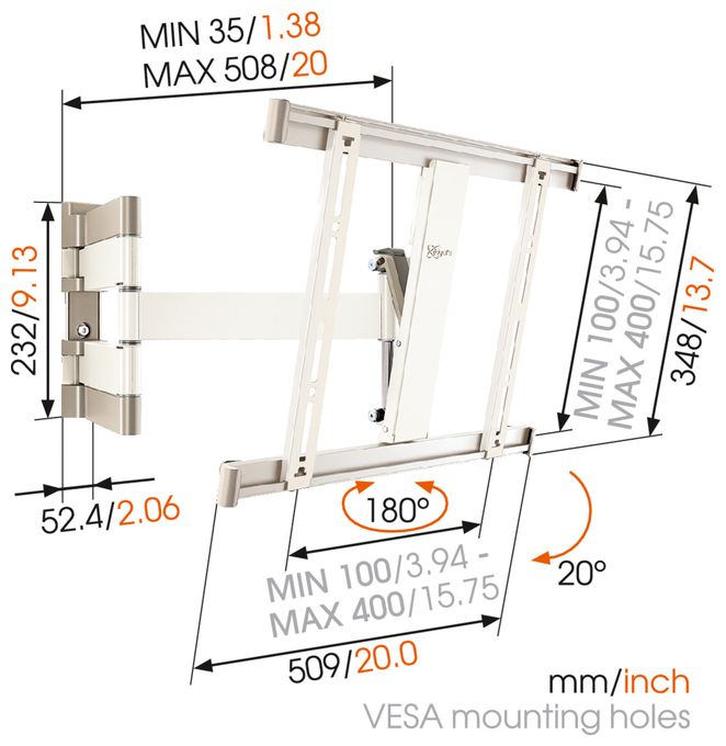 Wand Halterung 180° bis 139,7 cm (55") 18 kg 0 - 20° Thin 245 flache 