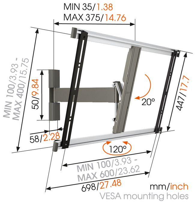 Wand Halterung 120° bis 165,1 cm (65") 25 kg 0 - 20° Thin 325 UltraThin 