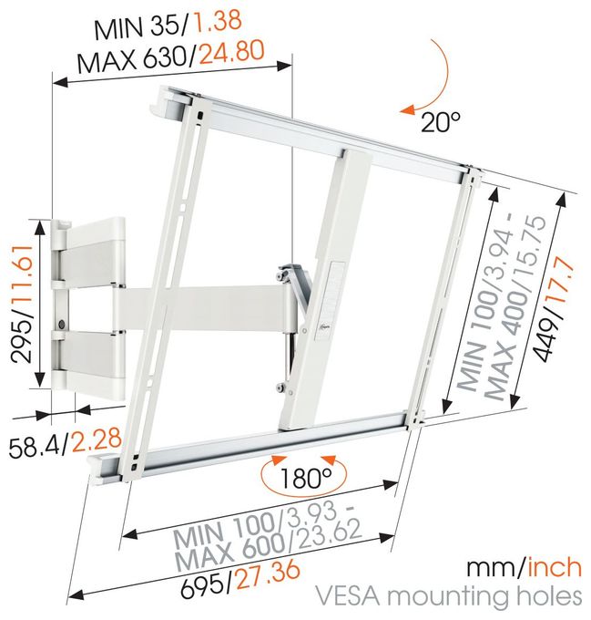 Wand Halterung 180° bis 165,1 cm (65") 25 kg 0 - 20° Thin 545 flache 