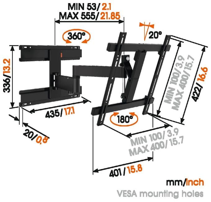 Wand Halterung 180° bis 139,7 cm (55") 20 kg 0 - 20° Wall 2246 