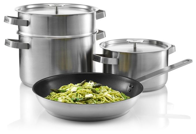 (Schwarz, Edelstahl) A4SS Kochgeschirr-Set aus Fettpfanne 28 cm + 2 Töpfen 20 cm und 24 cm + Edelstahlsieb 