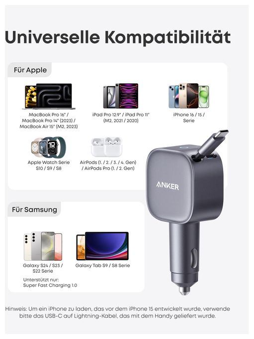 Nano Kfz-Ladegerät (75W, USB-C Port, Integriertes einziehbares USB-C Kabel) 