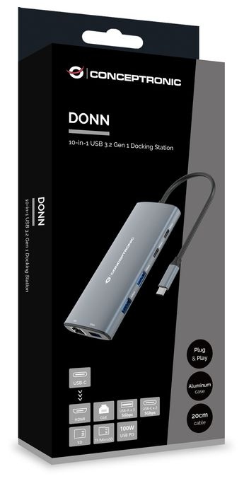 DONN06G 10-in-1 USB 3.2 Gen 1 Dockingstation, HDMI, 100W USB PD, USB-C 5Gbps x 2, USB-A 5Gbps x 3, SD, TF/MicroSD, GbE 