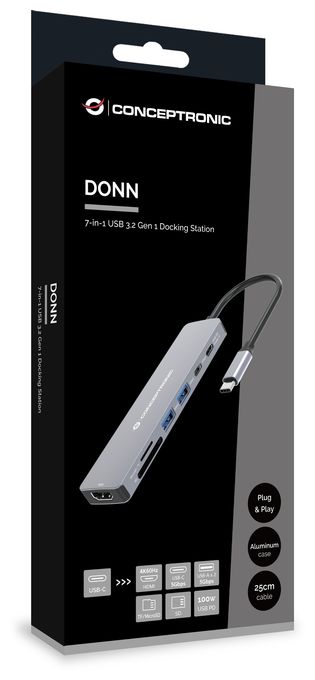 DONN28G 7-in-1 USB 3.2 Gen 1 Dockingstation, 4K60Hz HDMI, USB-A 5Gbps x 2, USB-C 5Gbps, SD, TF/MicroSD, 100W USB PD 