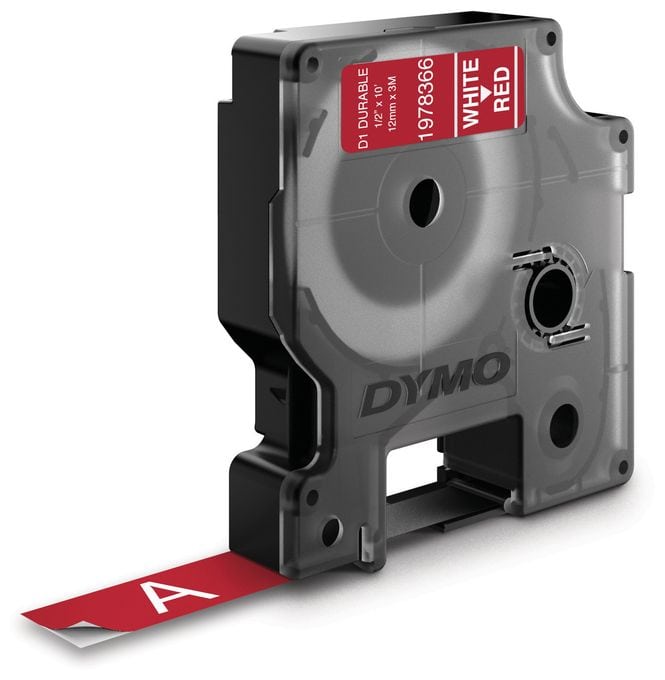 DYMO Original D1 Hochleistungs-Etikettenband | weiß auf rot | 12 mm x 3 m | permanent haftendes Vinyl-Schriftband | für LabelManager-Beschriftungsgerät 