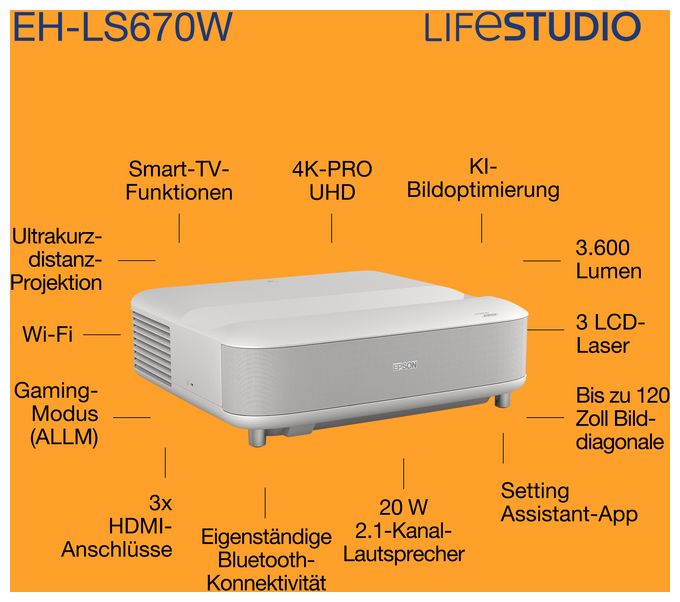 UHD 4K (3840x2160) 3LCD Laser Ultra-Short-Throw-Projektor 3600 ANSI Lumen  EH-LS670 Lifestudio Grand (Weiß) 