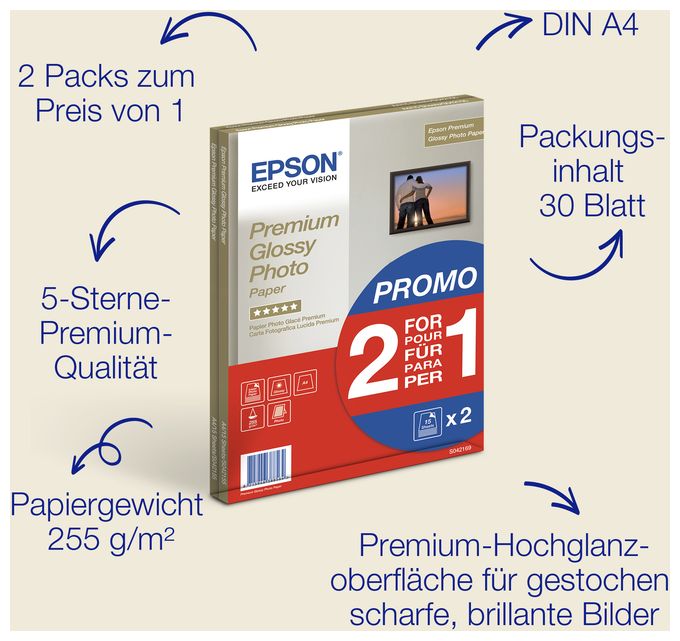 Epson A4 Premium Glossy Photo Paper 255 g/m2, 30 Blatt 