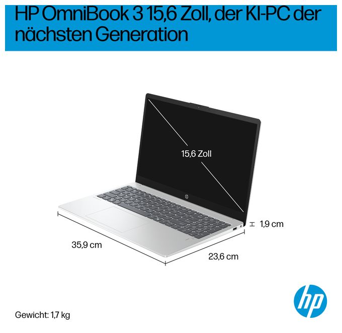 Full HD Notebook 39,6 cm (15.6 Zoll) 1920 x 1080 Pixel 1 TB SSD Windows 11 Home AMD Ryzen 5 max. 4,5 GHz  OmniBook 3 15-fn0653ng (Silber) 