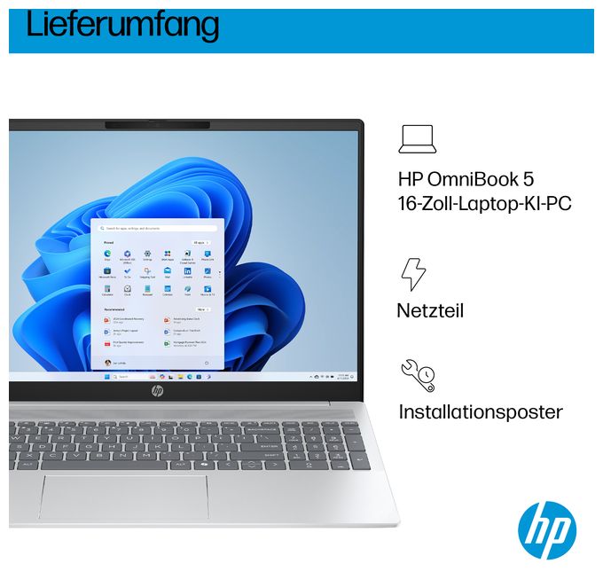 2K Ultra HD Notebook 40,6 cm (16 Zoll) 1920 x 1200 Pixel 1 TB SSD Windows 11 Home Intel Core Ultra 5 max. 4,8 GHz  OmniBook 5 16-af1655ng (Silber) 