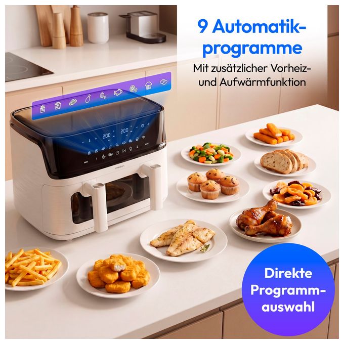 Doppel Heißluftfritteuse 10,8 l 3040 W  Life P25 XXL Flex M (Schwarz, Weiß) 