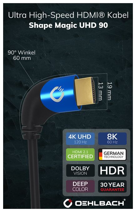 48 Gbit/s Stecker Abgewinkelt HDMI auf HDMI Typ A (Standard) 3 m  Shape Magic 90 (Schwarz, Blau) 