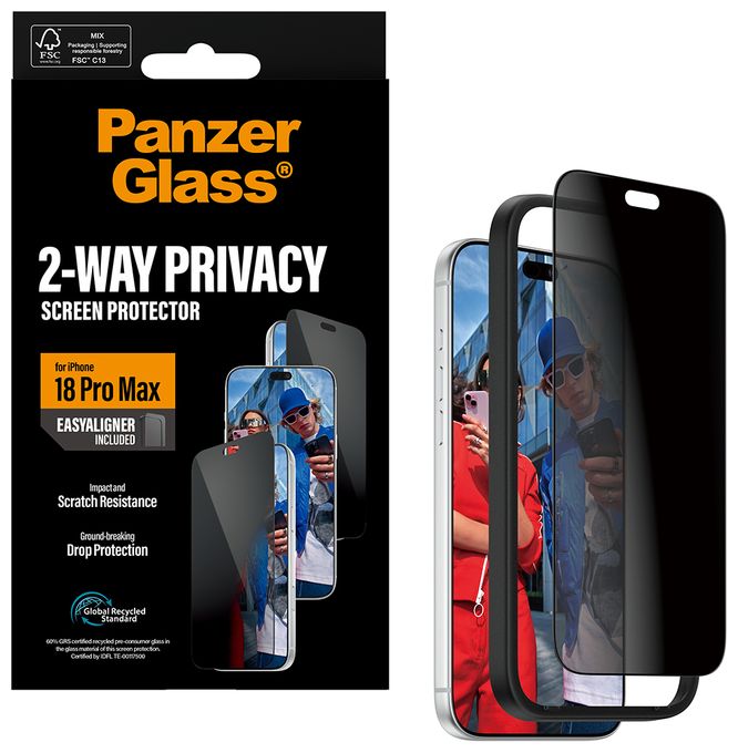 PanzerGlass® 2-Way Privacy Displayschutz iPhone 18 Pro Max | Ultra-Wide Fit m. EasyAligner 