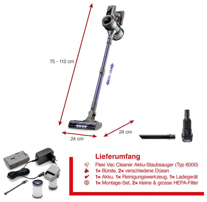 Handstaubsauger Beutellos bis 45 min Laufzeit 25,9 V HEPA  6000 Flexi Vac Cleaner (Schwarz) 
