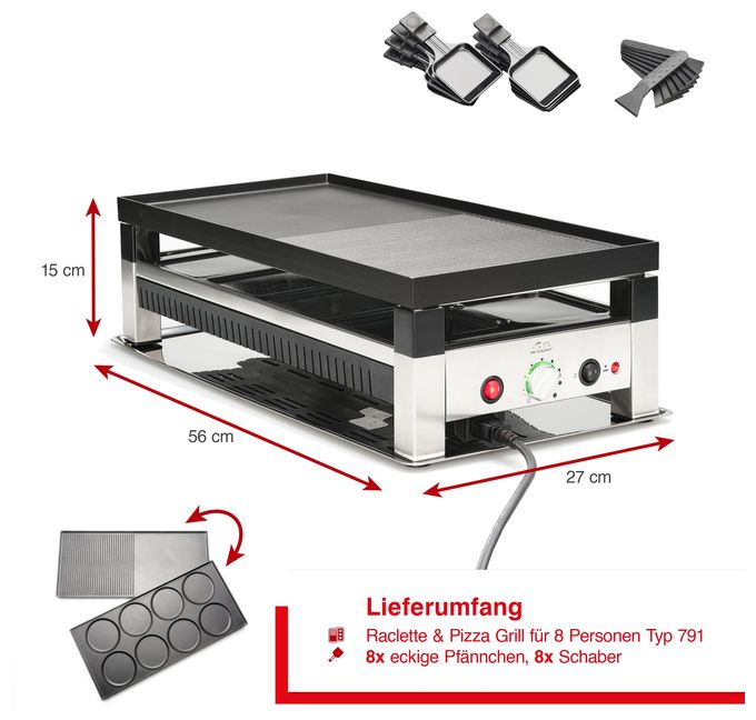 2 Zone(n) 1400 W mit 280 x 570 mm Fläche  791  Raclette Tischgrill 4-in-1 (Schwarz) 