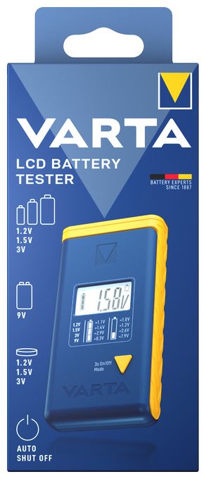 Batterietester LCD Digital für Batterien, Akkus und Knopfzellen, Testgerät für alle wichtigen Batteriegrößen (AA, AAA, C, D, 9V) inkl. 2x V13GA (LR44) 