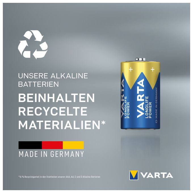 LONGLIFE Power, Alkaline Batterie, D, Mono, LR20, 1,5V, 2er Pack, Made in Germany 