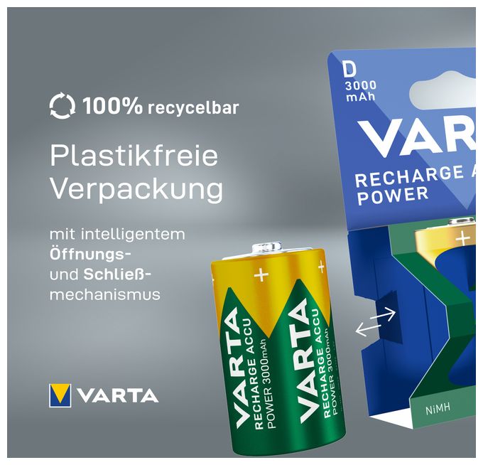 Recharge Accu Power D 3000 mAh 2er-Pack (vorgeladener NiMH-Akku, Micro, wiederaufladbarer Akku, gebrauchsfertig) 