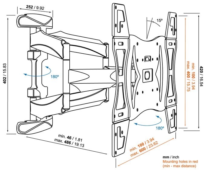 Wand Halterung 180° bis 2,08 m (82") 45 kg -15 - 15° Base 45L 