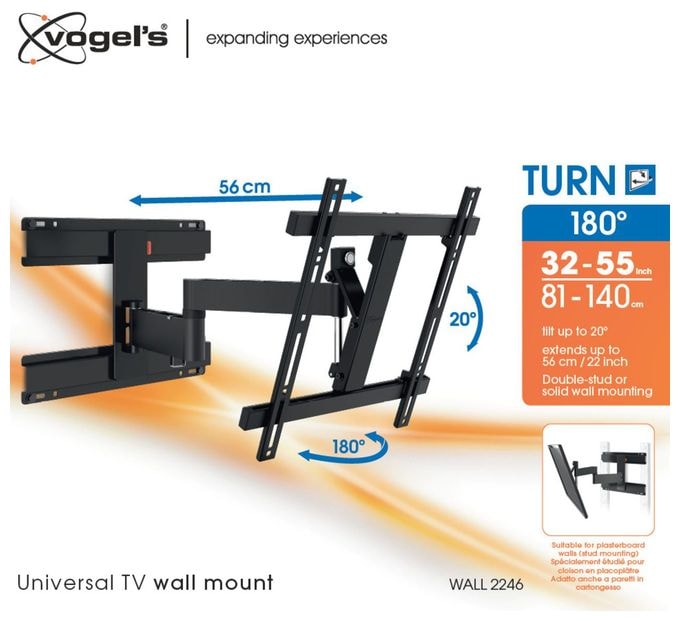 Wand Halterung 180° bis 139,7 cm (55") 20 kg 0 - 20° Wall 2246 