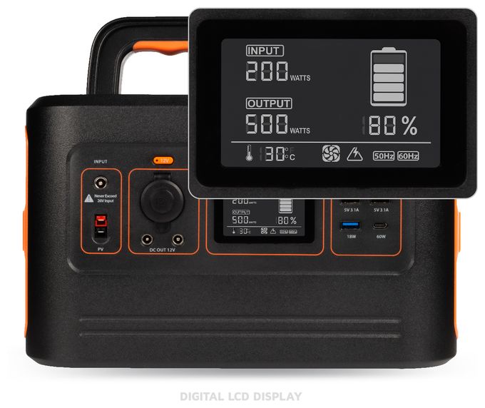 XP500 Portable Power Station 500, AC-Ausgang, USB-C, USB, Quick Charge 3.0, Ausgang für Autoladegerät, DC-Ausgänge, div. Kabel, Schwarz/Orange 