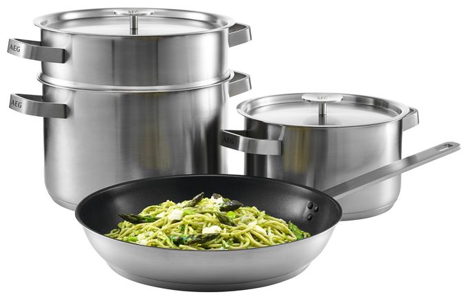 (Schwarz, Edelstahl) A4SS Kochgeschirr-Set aus Fettpfanne 28 cm + 2 Töpfen 20 cm und 24 cm + Edelstahlsieb 