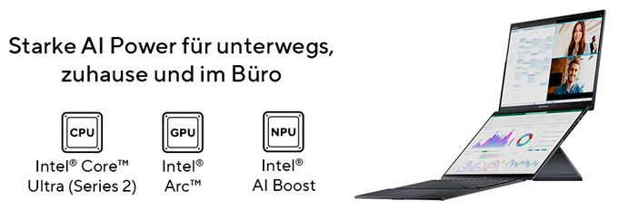 2K Ultra HD Notebook 35,6 cm (14 Zoll) 2880 x 1800 Pixel 2 TB SSD Windows 11 Pro Intel Core Ultra 9 max. 5,4 GHz  Zenbook 14 Duo Oled UX8406CA-PZ068X (Grau) 