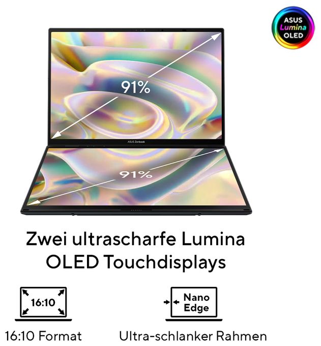 WUXGA Notebook 35,6 cm (14 Zoll) 1920 x 1200 Pixel 1 TB SSD Windows 11 Home Intel Core Ultra 9 max. 5,4 GHz  Zenbook Duo UX8406CA-QL263W (Grau) 