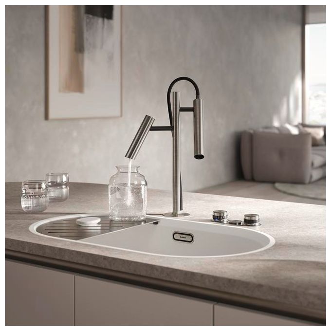 Granit 1 Becken  OOVALON 700-IF Flächenbündige Spüle für 80 cm Unterschrank (Weiß) 
