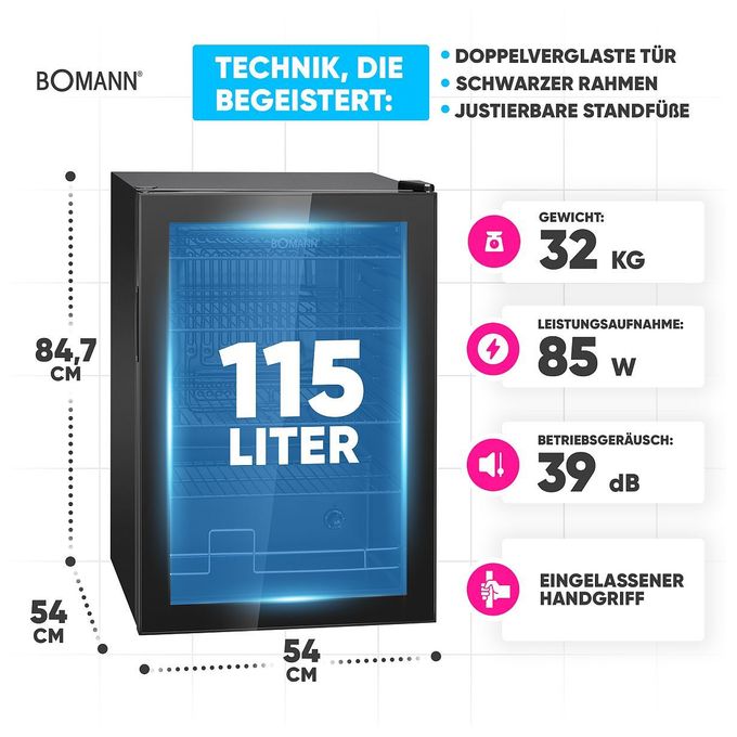 115 l / 115 l Tischkühlschrank EEK: E 66 kWh Jahr  KSG7290 (Schwarz) 
