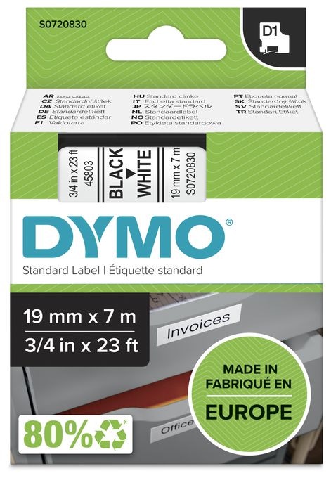 DYMO Original D1-Etikettenband | schwarz auf weiß | 19 mm x 7 m | selbstklebendes Schriftband | für LabelManager-Beschriftungsgerät 