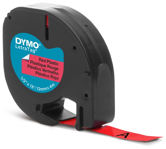 DYMO Original LetraTag Etikettenband | schwarz auf rot | 12 mm x 4 m | selbstklebendes Kunststoffetiketten | für LetraTag-Beschriftungsgerät 