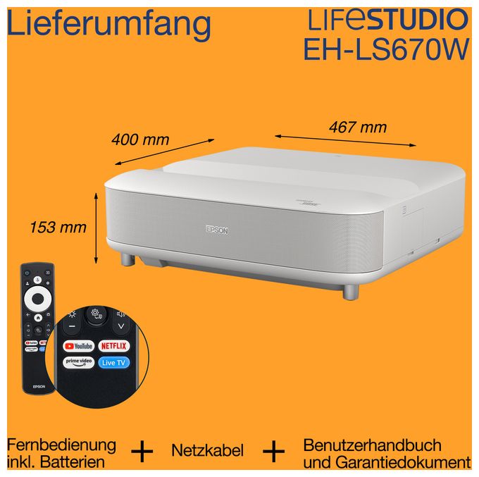 UHD 4K (3840x2160) 3LCD Laser Ultra-Short-Throw-Projektor 3600 ANSI Lumen  EH-LS670 Lifestudio Grand (Weiß) 