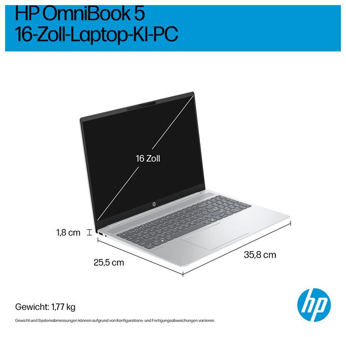 2K Ultra HD Notebook 40,6 cm (16 Zoll) 1920 x 1200 Pixel 1 TB SSD Windows 11 Home Intel Core Ultra 5 max. 4,8 GHz  OmniBook 5 16-af1655ng (Silber) 