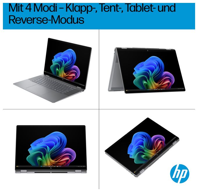 2K Ultra HD Notebook 40,6 cm (16 Zoll) 1920 x 1200 Pixel 1 TB SSD Windows 11 Home AMD Ryzen 5 max. 4,8 GHz  OmniBook X Flip 16-ar0556ng (Silber) 