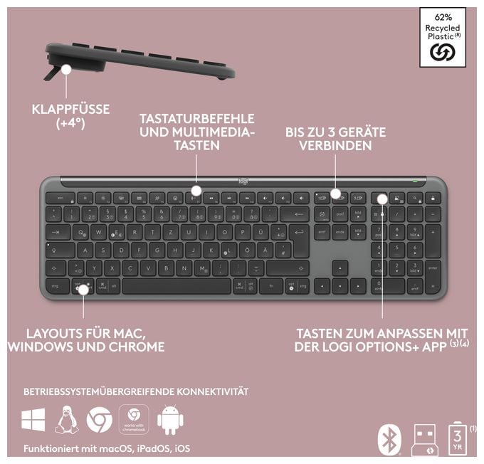 Büro Tastatur RF Wireless + Bluetooth 2.4 GHz  MK950 Signature Slim (Graphit) 