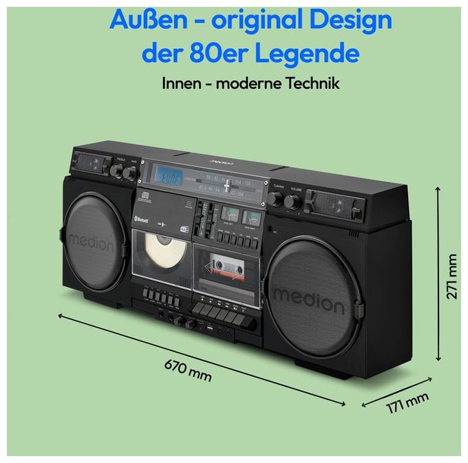 DAB+, FM, PLL 20 W Bluetooth  Life P66538 Retro Boombox (Schwarz) 
