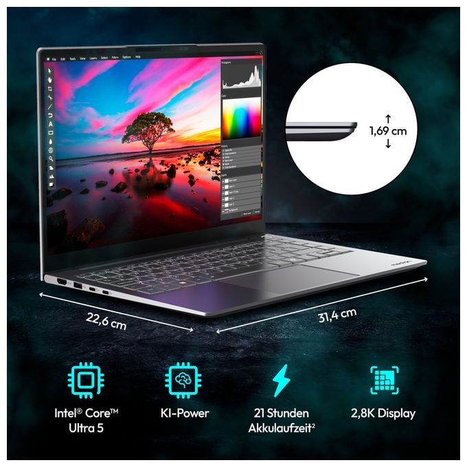 WQXGA+ Notebook 35,6 cm (14 Zoll) 2880 x 1800 Pixel 512 GB SSD Windows 11 Home Intel Core Ultra 5 max. 4,5 GHz  SPRCHRGD 14 S2 (Schwarz) 