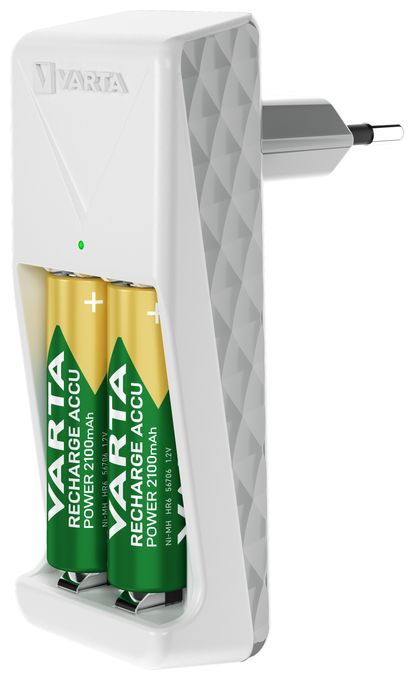 Akku Ladegerät, inkl. 2X AA 2100mAh, Batterieladegerät für wiederaufladbare Batterien, lädt 2 AA/AAA gleichzeitig, Mini Charger, weiß 