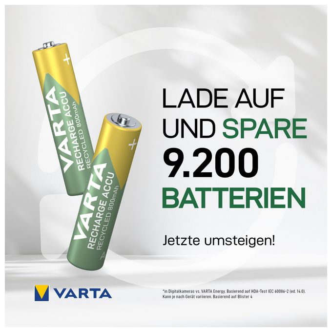 Recharge Accu Recycled AAA 800 mAh 4er-Pack (vorgeladener NiMH-Akku, Micro, 25 % recyceltes Material, wiederaufladbarer Akku, sofort einsatzbereit) 