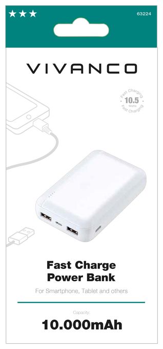 10000 mAh Powerbank Micro-USB + USB Type-C  Fast Charge (Weiß) 