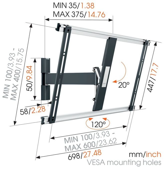 Wand Halterung 120° bis 165,1 cm (65") 25 kg 0 - 20° Thin 525 