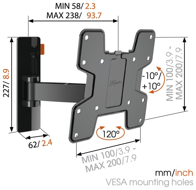 Wand Halterung 120° bis 101,6 cm (40") 15 kg 0 - 20° Wall 2125B 