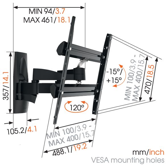 Wand Halterung 120° bis 139,7 cm (55") 35 kg 0 - 15° Wall 2250 