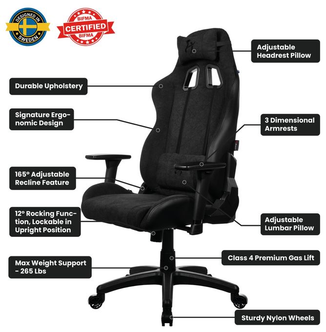 Gamingstuhl bis 120 kg (Schwarz) Avanti Soft Fabric 