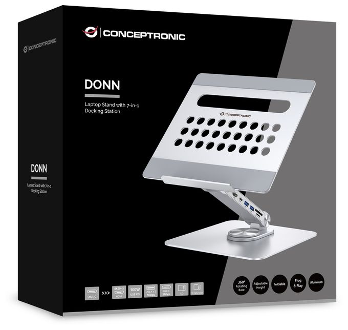 DONN27G Laptop-Ständer mit 7-in-1-Dockingstation, 360° drehbare Basis, faltbar, höhenverstellbar 