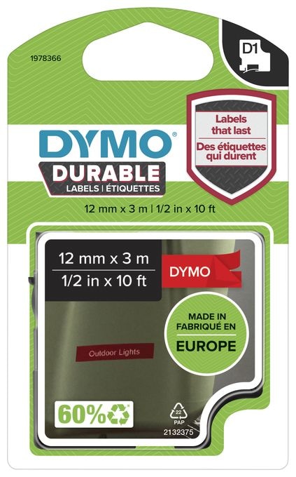 DYMO Original D1 Hochleistungs-Etikettenband | weiß auf rot | 12 mm x 3 m | permanent haftendes Vinyl-Schriftband | für LabelManager-Beschriftungsgerät 