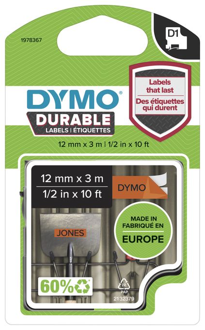 DYMO Original D1 Hochleistungs-Etikettenband | schwarz auf orange | 12 mm x 3 m | permanent haftendes Vinyl- Schriftband | für LabelManager-Beschriftungsgerät 