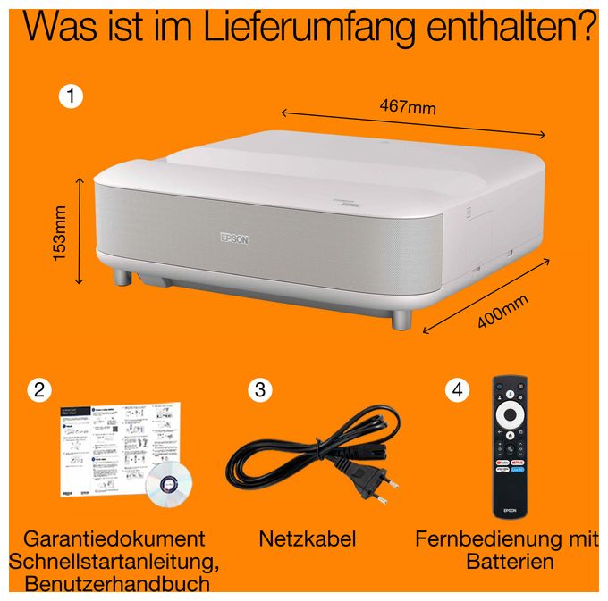 UHD 4K (3840x2160) 3LCD Laser Ultra-Short-Throw-Projektor 3600 ANSI Lumen  EH-LS670 Lifestudio Grand (Weiß) 