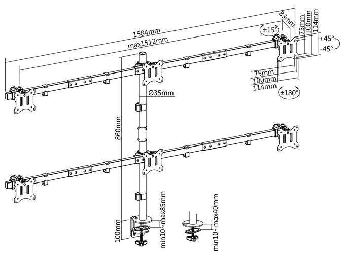 17"-32" Schwenkbare 6-Monitor-Schreibtischhalterung 